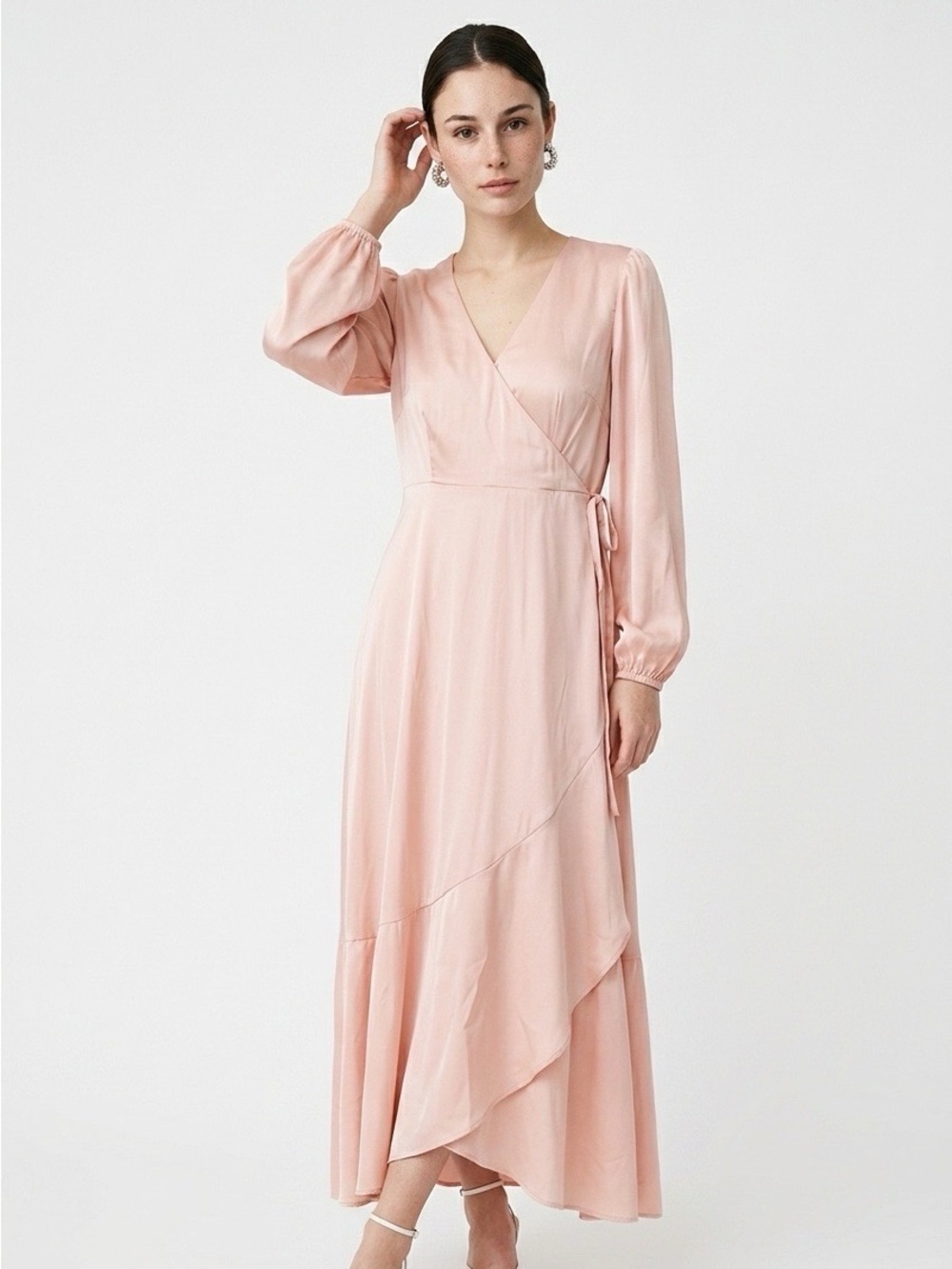 Long Sleeve Wrap Midi Dress in Blush Pink